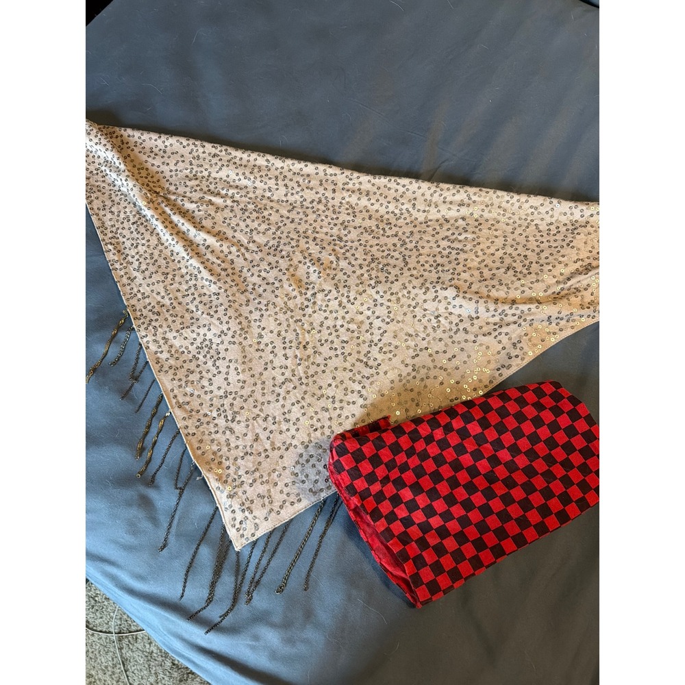 Wrap Sequin Triangle Scarf with Chain Fringe & Red Checkered Bandana Set